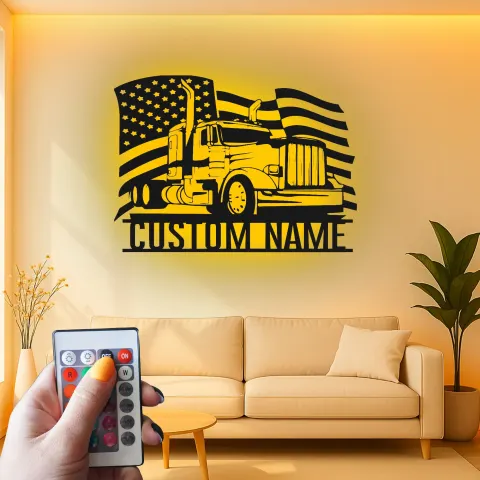 Vista alternativa di Insegna Camionista Personalizzata | Arte in Metallo LED con Bandiera Americana | Regalo per Conducente di Camion Semi Personalizzato | Decorazione per Man Cave