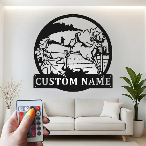 Vista alternativa de Cartel de metal personalizado con luz LED para cazadores de ciervos, regalo personalizado para cazadores, decoración rústica de cabaña 2