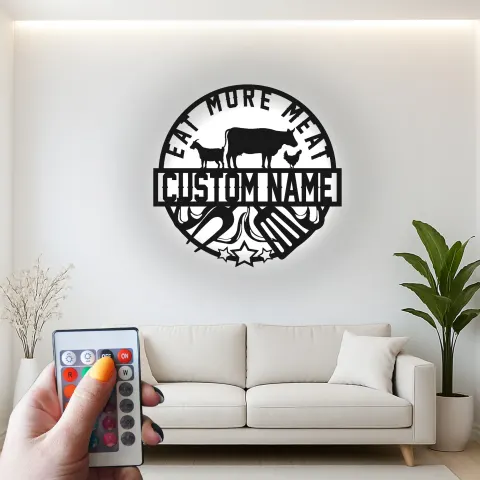 Vista alternativa de Cartel LED de Parrilla BBQ Personalizado | Arte Mural de Cocina de Estilo Campestre | Decoración Iluminada para Amantes de la Carne | Regalo para Chef y Maestro de la Parrilla