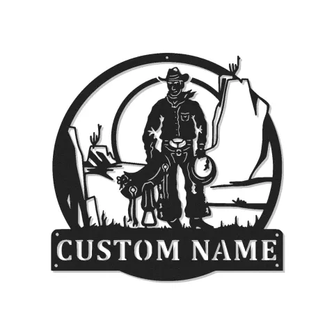 Cartel de metal personalizado con luz LED de vaquero y perro, regalo western para él, decoración rústica para el salón