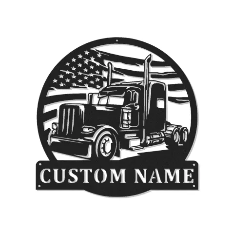 Panneau Métallique LED Personnalisé de Camion Semi | Art Mural avec Drapeau Américain | Cadeau Personnalisé pour Camionneur pour Man Cave & Garage