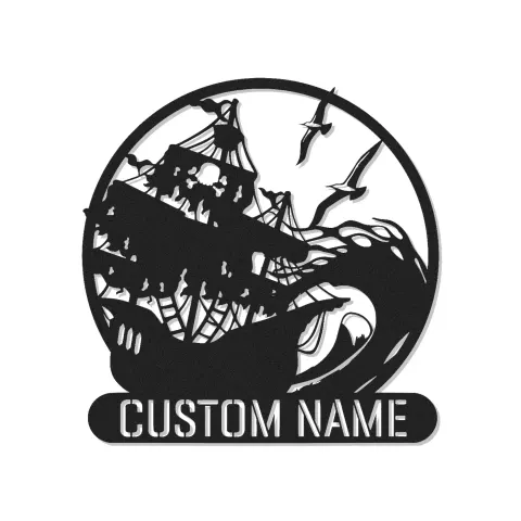 Décoration Murale en Métal de Navire Pirate | Plaque de Nom LED Personnalisée | Décor Nautique Vague Océan pour Bar à Domicile