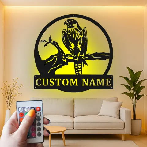 Individuelles Falke-LED-Metallschild | Personalisierte Wandkunst für Raubvögel | Hinterleuchtete Außen-Dekoration & Firmenlogo | Geschenk für Naturfreunde alternative Ansicht