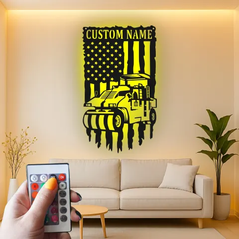 Vista alternativa de Cartel de metal de rodillo de carretera | Señal LED personalizada de construcción | Decoración de equipo pesado con bandera americana para oficina o garaje