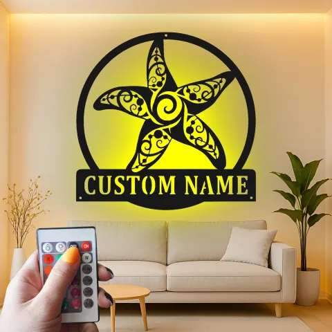 Vista alternativa di Insegna in metallo LED personalizzata a forma di stella marina | Arte murale costiera ornata | Decorazione nautica personalizzata per casa al mare e salone