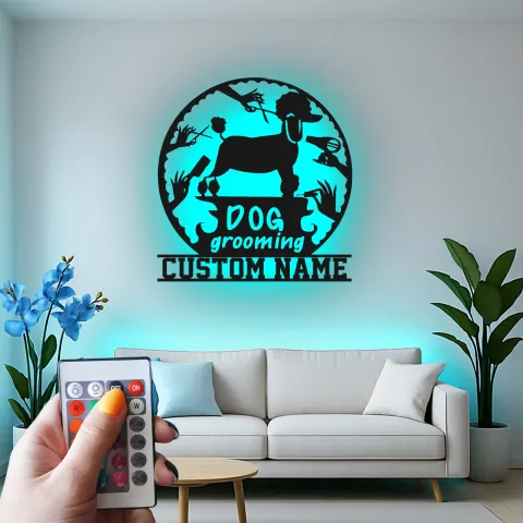 Vista alternativa di Insegna in metallo LED personalizzata per toelettatura di cani - Regalo per toelettatori - Decorazione per salone