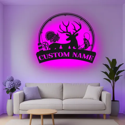 Vista alternativa de Cartel de metal LED de caza y pesca personalizado, regalo para amantes del aire libre, decoración de cabaña o cueva de hombres