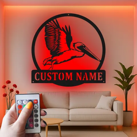 Vue alternative de Panneau en métal personnalisé de pélican | Art mural en métal rétroéclairé | Décoration nautique pour la maison | Cadeau pour maison de plage