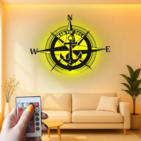LED-Kompass-Metall-Wandkunst | Individuelles Ankerschild für Küstendekoration | Personalisierte Geschenkidee für Segler & Bootsschild alternative Ansicht