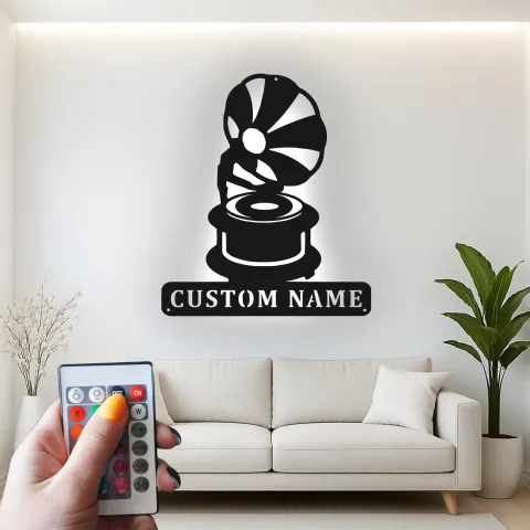 Personalisierte Vintage Phonograph LED Licht Metall-Wandkunst Geschenk für Musikliebhaber, Retro-Wohnzimmer-Dekor alternative Ansicht