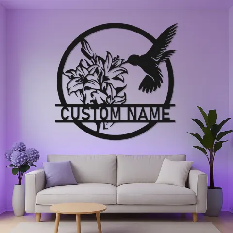 Kolibri & Lilie LED Metall-Wandkunst | Personalisierte Namensschild für Zuhause | Individuelle Blumen-Vogel-Dekoration für Gartenliebhaber alternative Ansicht