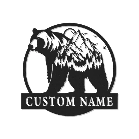 Personalisierte LED-beleuchtete Metall-Wandkunst mit Bär und Berg – Geschenk für Naturfreunde