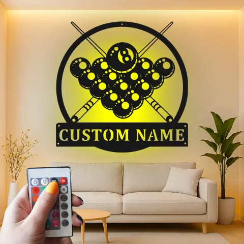 Vista alternativa di Insegna in metallo personalizzata con luce LED per tavolo da biliardo regalo personalizzato per decorazione per appassionati di biliardo