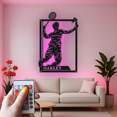 Vista alternativa de Cartel de metal personalizado con luz LED de jugador de tenis, regalo personalizado para entusiastas del tenis, decoración de sala de juegos