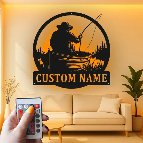 Vista alternativa de Cartel de Metal de Pescador Personalizado | Arte Mural con Luz LED | Decoración de Pesca con Nombre Personalizado para Casa de Campo y Pescadores