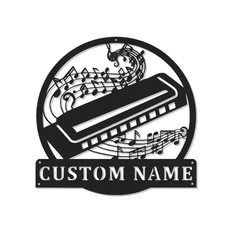 Enseigne harmonica personnalisée en métal | Décoration murale musicale LED pour studio | Plaque musicien personnalisée avec notes de musique