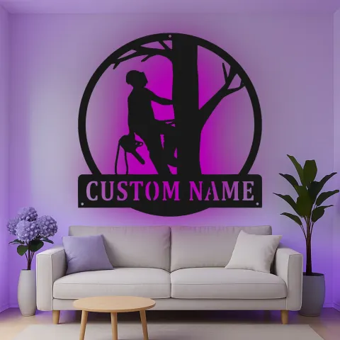 Custom Tree Climber Led Light Metal Wall Art Gift for Arborist Unique Garage Decor for Tree Lovers alternate view