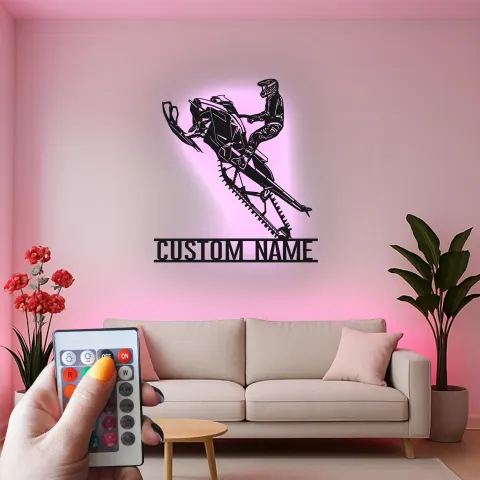 Vista alternativa de Señal LED personalizada para moto de nieve | Arte mural de metal personalizado para piloto | Decoración de garaje de deportes extremos | Regalo de aventura invernal