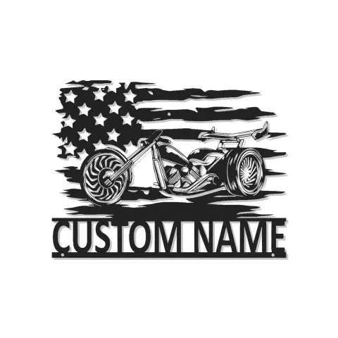 Personalisiertes Motorrad LED-Schild | Individuelles USA-Flaggen-Metall-Wandkunst | Biker-Garagen-Dekor & Männerraum-Geschenk für ihn | Vintage Chopper Licht