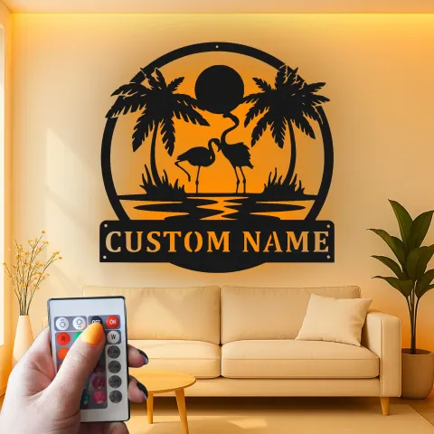 Vista alternativa de Cartel LED de flamenco personalizado | Arte mural de metal para patio y piscina | Decoración de palmera tropical