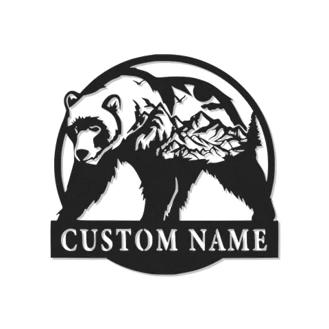 Personalisierte LED-beleuchtete Metall-Wandkunst mit Bär und Berg – Geschenk für Naturfreunde