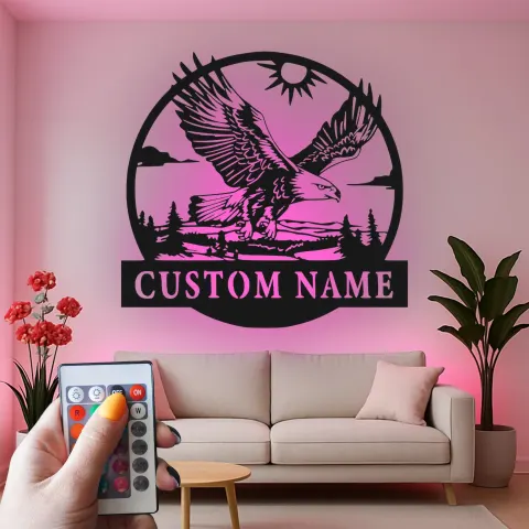 Vue alternative de Décoration murale en métal LED personnalisée avec aigle - Cadeau pour les amoureux de la nature, décoration rustique pour le salon