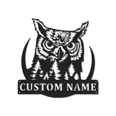 Arte mural LED de metal con búho cornudo | Cartel personalizado con nombre del bosque | Decoración rústica para cabaña y refugio para amantes de la fauna