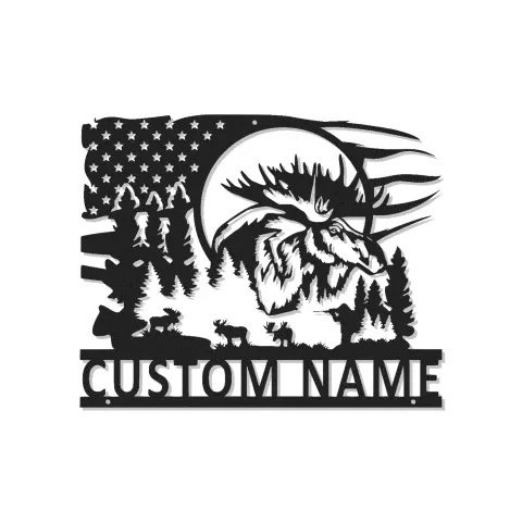 Art mural en métal élan personnalisé | Enseigne faune rétroéclairée LED pour chalet | Cadeau rustique pour chasseur | Scène forêt et drapeau américain