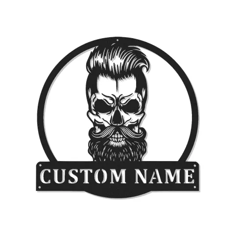 Insegna in metallo LED Teschio Barbuto Personalizzata | Decorazione per Barbiere | Arte per Man Cave Industriale | Targhetta per Studio Tatuaggi