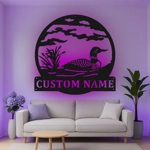 Custom Loon Lake Scene Led Light Metal Wall Art Personalized Nature Lover Gift Cabin Decor alternate view