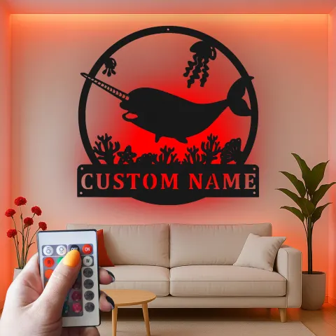 Personalized Narwhal Metal Sign | LED Nursery Night Light | Custom Ocean Theme Wall Art | Kids Room Decor alternate view