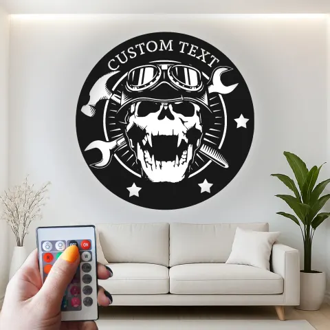 Custom Garage Sign with LED | Personalized Mechanic Skull Metal Wall Art | Vintage Biker Decor for Workshop or Man Cave alternate view