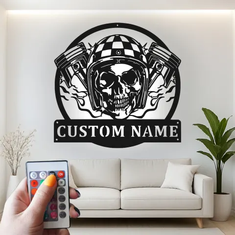 Personalisiertes Biker Skull LED Schild | Individuelle Motorrad Metall Wandkunst | Vintage Garagen Dekor für Männer alternative Ansicht