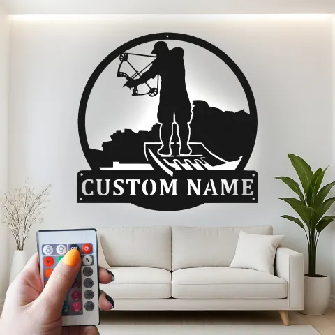 Vista alternativa di Insegna in metallo personalizzata con LED per cacciatori di archi, regalo personalizzato per appassionati di tiro con l'arco, decorazione per man cave