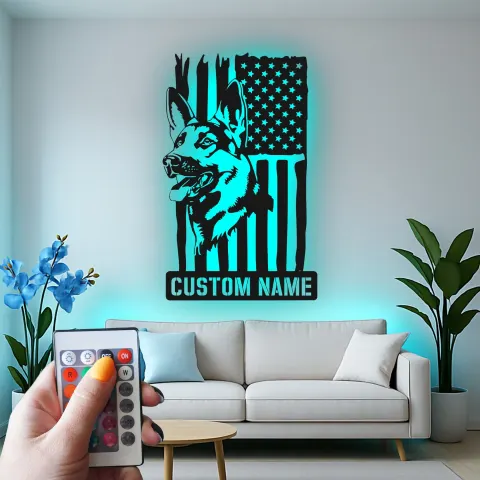 Deutscher Schäferhund LED Metallschild | Personalisierte Hundeschild | Patriotische Amerikanische Flagge Haustierdekoration für Zuhause oder Büro alternative Ansicht