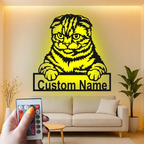 Personalisierte Scottish Fold Katze LED-beleuchtete Metall-Wandkunst Geschenk für Katzenliebhaber alternative Ansicht