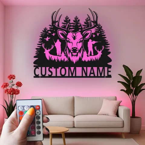 Vista alternativa de Cartel de metal LED de cazador de ciervos, regalo personalizado para cazadores, decoración rústica de cabaña