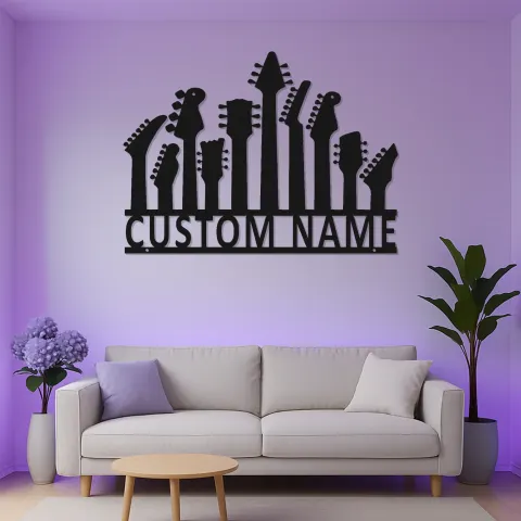 Vista alternativa de Cartel de metal personalizado de guitarra con LED | Decoración musical a medida para la sala | Decoración mural de metal para guitarristas | Regalo para músicos