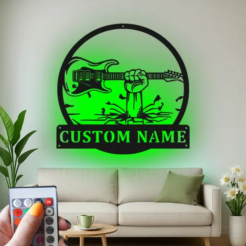 Vue alternative de Décoration murale LED guitare en métal sur mesure | Enseigne personnalisée pour musicien | Décor salle de musique, studio et espace masculin