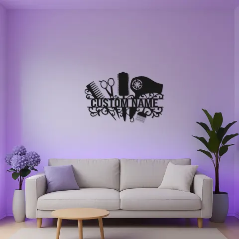 Personalisierte Salonschild | Individuelle LED-Dekoration für Friseure | Metall-Wandkunst für Friseure | Beleuchtetes Namensschild für Schönheitssalons alternative Ansicht