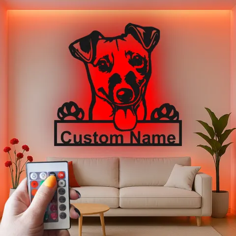 Vista alternativa di Insegna in metallo personalizzata con luce LED per Jack Russell Terrier, regalo per mamma di cane, decorazione per soggiorno