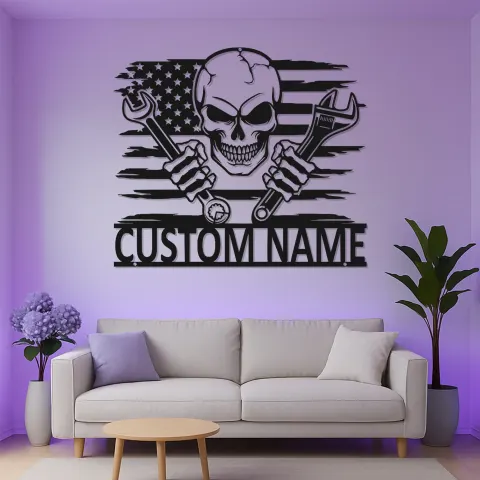 Vue alternative de Art mural en métal LED avec crâne patriote | Panneau de garage mécanicien personnalisé | Décoration de man cave pour lui