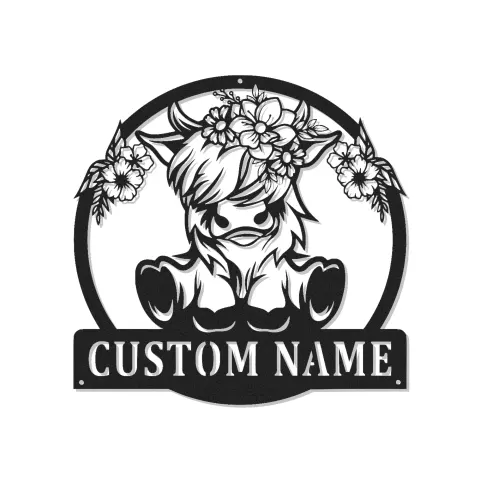 Insegna in metallo LED Highland Cow | Insegna floreale personalizzata per decorazione di fattoria | Regalo con nome personalizzato per mamma