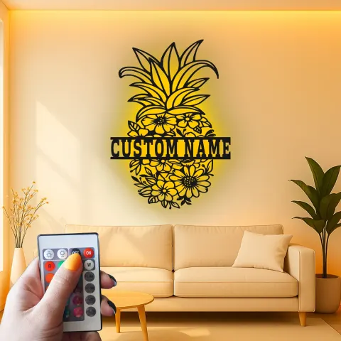 Vue alternative de Enseigne ananas en métal personnalisée avec LED | Décoration murale florale sur mesure | Déco tropicale pour cuisine et terrasse | Cadeau de pendaison de crémaillère original