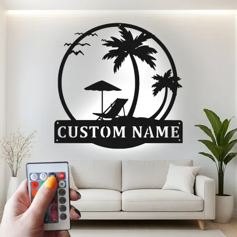 Vista alternativa di Insegna in metallo personalizzata con scena di spiaggia e luce LED regalo tropicale per coppie decorazione per camera da letto o patio