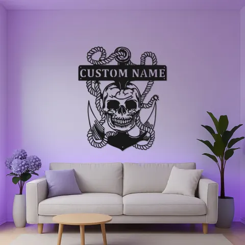 Vue alternative de Panneau LED crâne pirate et ancre | Décoration murale en métal personnalisée | Décor nautique pour cave à vin et cadeau marin personnalisé