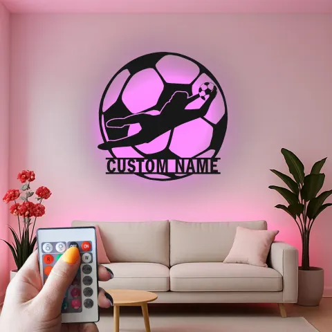 Vista alternativa de Letrero metálico personalizado de portero | Arte mural LED de fútbol | Decoración con nombre a medida para habitación del jugador | Regalo para aficionados al deporte