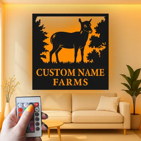 Vista alternativa di Insegna in metallo personalizzata con luce LED per fattoria di cervi - Regalo personalizzato per proprietari di fattorie, decorazione rustica per esterni