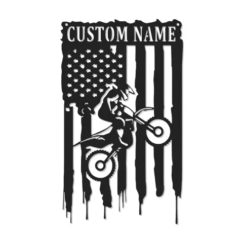 Personalisierte Motocross LED-Schild | Individuelle Dirt Bike Metall-Wandkunst | Amerikanische Flagge Fahrer Geschenk für Man Cave & Garage Dekoration