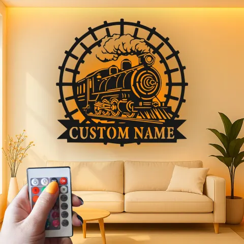 Vue alternative de Décoration murale en métal personnalisée de train à vapeur avec rétroéclairage LED - Cadeau pour passionnés de trains, décoration pour man cave ou bureau